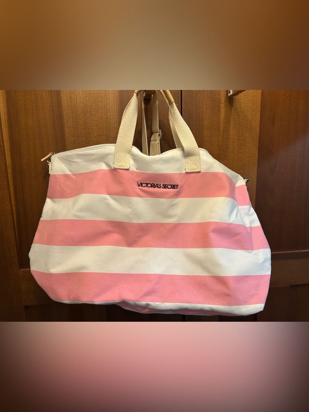 Victoria's Secret Pink White Striped Weekend Tote w/Larger Carrying Strap 26”